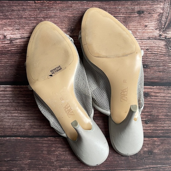 ZARA | Grey faux leather mesh high heel mules sandals - Picture 10 of 12